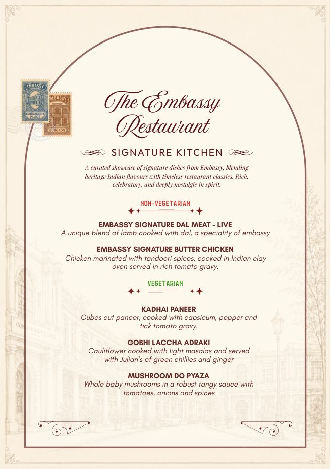 The Embassy signature kitchen menu page